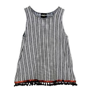 EUC W5 Women's Size Large Black/White Tank Fringe Top With Red Trim